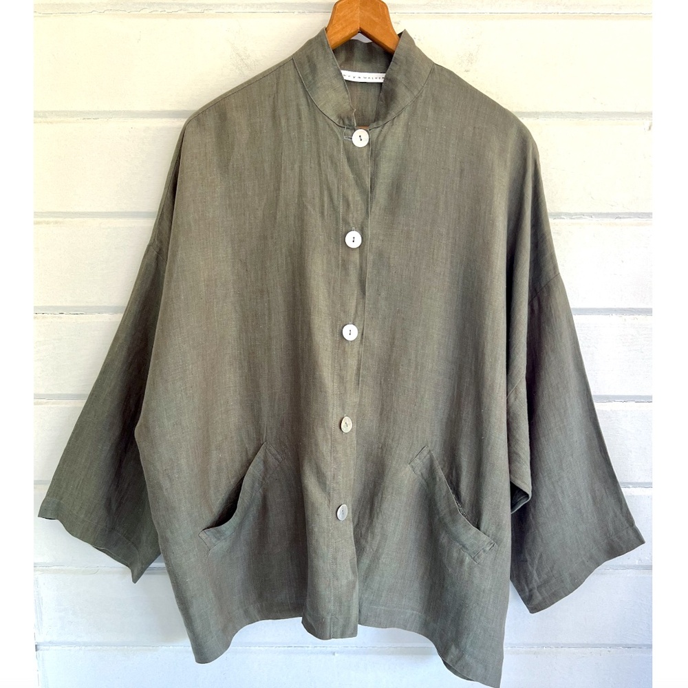 BRYN WALKER Danuta Oversized Boxy Linen Jacket with Mandarin Collar - S